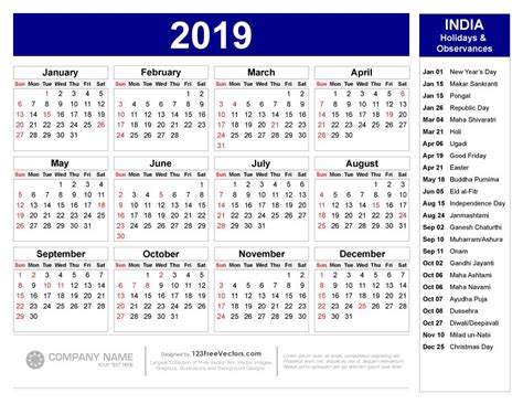2019 Calendar With Indian Holidays Pdf Calendar 2019 Template