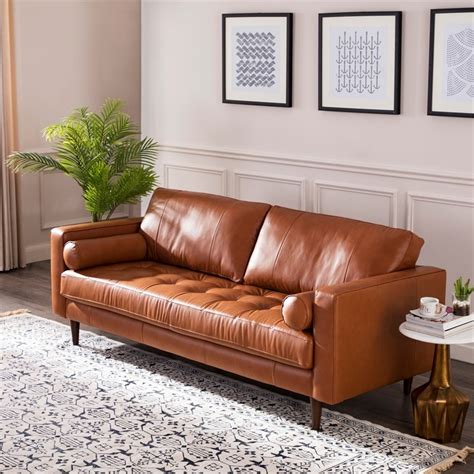 Maklaine Midcentury Modern Leather Sofa In Camel Homesquare