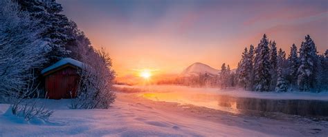 Nature Landscape Forest Sunset Cottage Winter Snow Trees Cold Clouds