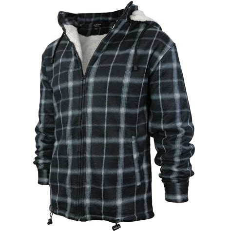 vkwear men s heavyweight flannel zip up fleece lined plaid sherpa hoodie jacket p5 black