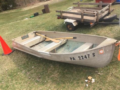 Vintage Sears 11 Aluminum Boat W Wood Oars Pair Set Paddle Jon Fishing