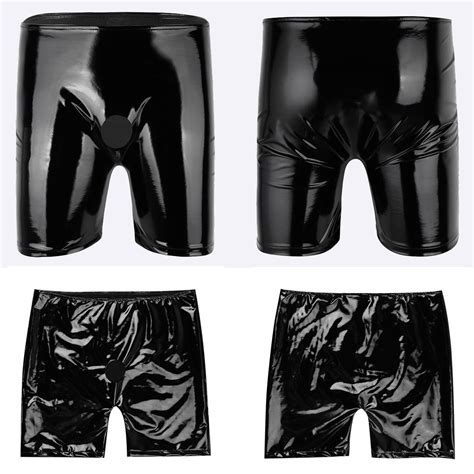 Buy Mens Shiny Pvc Leather Open Pouch Boxer Briefs Wetlook Shorts