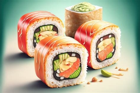 Premium Ai Image Salmon Prawn Avocado And Cream Cheese Sushi Rolls