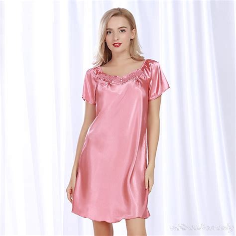 Women Summer Sexy Pink Red Large Neck Short Sleeve Nightgown Vintage Nightdress Silky Sleepwear