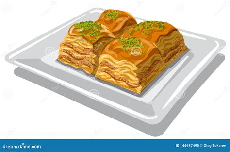 Baklava On A Plate Vector Illustration On White Background