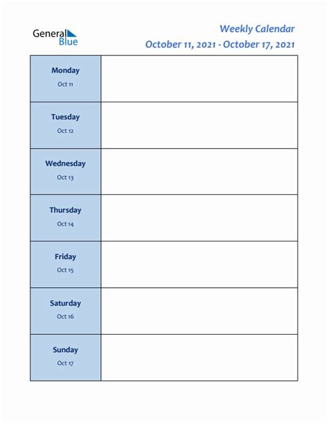 Weekly Calendar With Monday Start For Week 41 October 11 2021 To