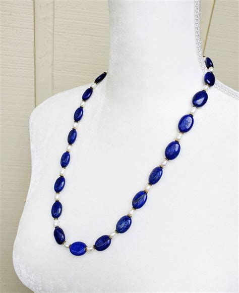 Denim Blue Lapis Lazuli And Freshwater Pearl Necklace Navy Etsy