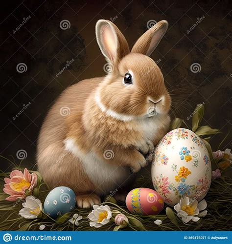 Cute Easter Bunny With Colored Eggs Ai Generated Stock Image Image