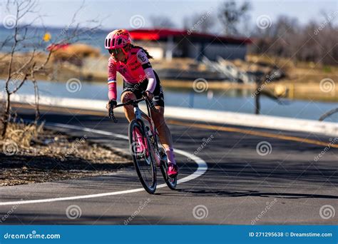 Concentrated Female Cyclist In A Bright Pink Cycling Jersey During The Cedar Hill Race Festival