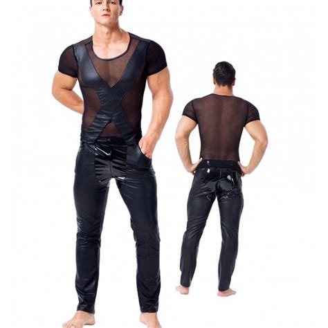 Mens Wetlook Tops Punk Fashion Clothing Faux Leather Mesh Male T Shirt