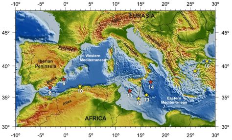 Topographic And Bathymetric Map Of The Mediterranean Sea With The