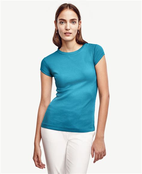 Ann Taylor Petite Ribbed Cotton Cap Sleeve Tee In Blue Lyst