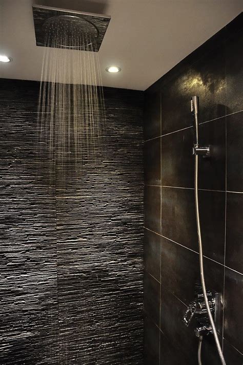 Black Bathroom With Stone Wall Idea And Shower Design For Stylish Look