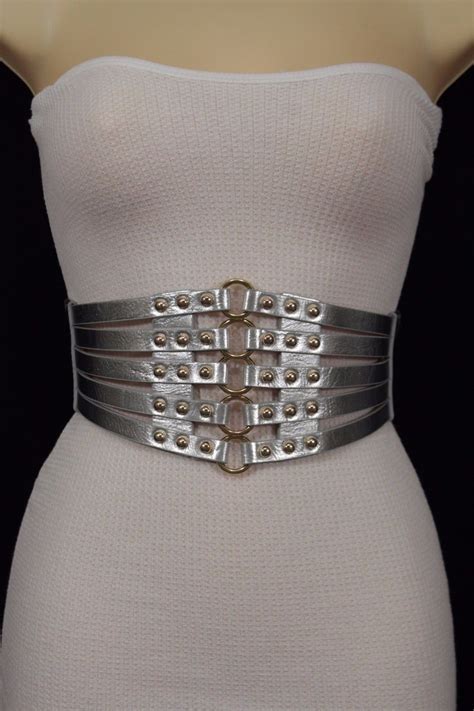 women silver elastic wide corset fashion belt hip high waist gold metal ring s m womens