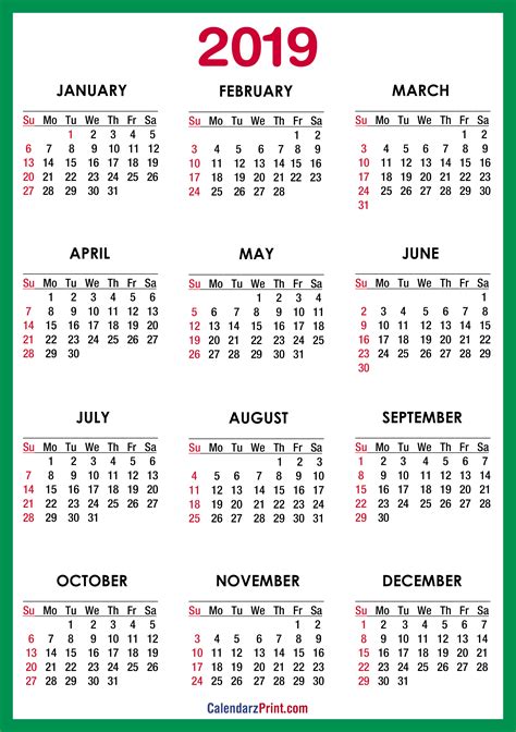 2019 Calendar Printable Free Green Sunday Start Hd