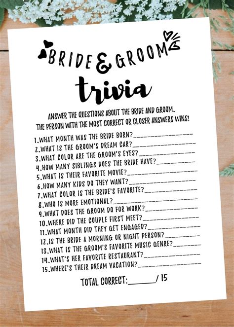 Bride And Groom Trivia Bridal Shower Game Printable Instant Etsy Bridal Shower Games Free