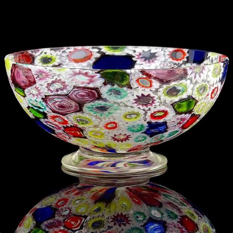 Footed bowl with racing stripes. Fratelli Toso Murano Millefiori Flower Star Mosaic Italian ...