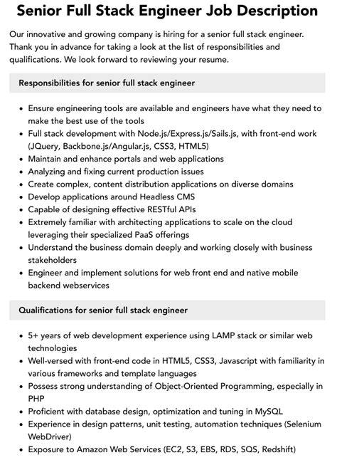 Senior Full Stack Engineer Job Description Velvet Jobs