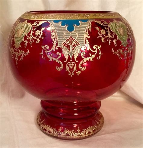 Moser Bohemian Applied Enamel And Gilded Art Cranberry Glass Bowl Vase Types Of Red Moser Glass