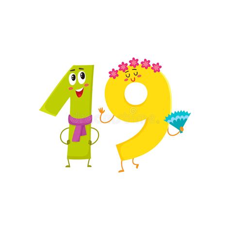 Cute And Funny Colorful 19 Number Characters Birthday Greetings Stock