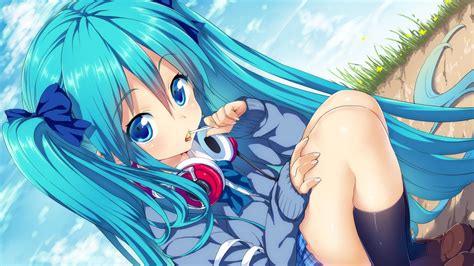 Papel De Parede Ilustração Cabelo Longo Anime Meninas Anime Cabelo Azul Olhos Azuis Céu