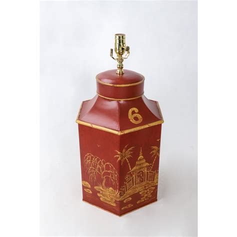 Vintage English Export Red Hexagonal Tole Chinoiserie Tea Caddy Lamp
