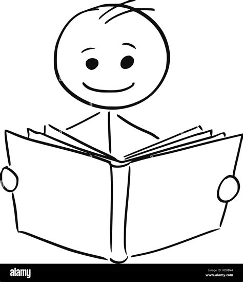 Cartoon Stick Man Illustration Of Smiling Boy Or Man Reading A Book