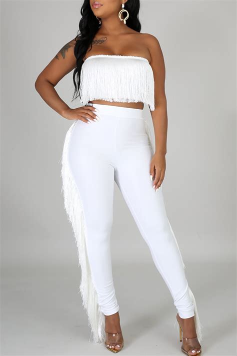 lovely sexy tassel design white two piece pants setlw fashion online for women affordable
