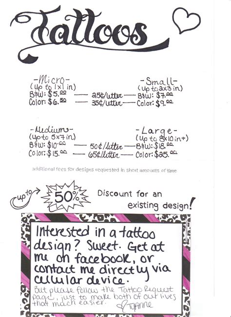 This is because prices can vary by hundreds of dollars depending on your shop and specific tattoo. Femme Arts: Tattoos: Prices & How To Request Designs