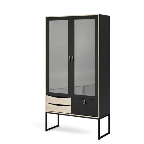 Tvilum Stubbe Black Matte Oak Structure 2 Glass Door China Cabinet With 3 Drawers 88201gmak