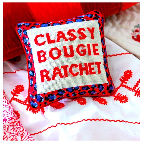 needlepoint “classy bougie ratchet” pillow with velvet back james ascher