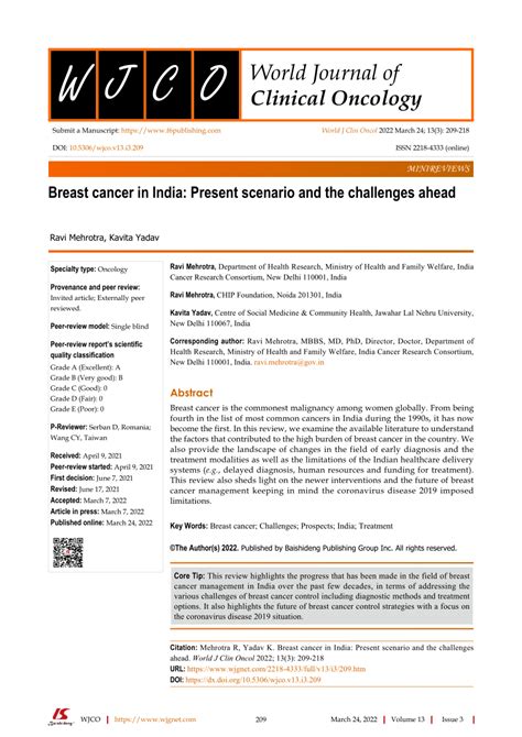 Pdf Breast Cancer In India Present Scenario And The Challenges Ahead