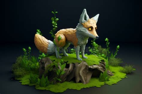 Statue Of Fox Standing On Top Of Lush Green Field Of Grass Generative