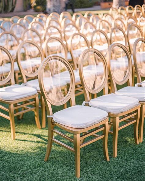 Round Gold And Acrylic Wedding Ceremony Chairs With White Seat Pad