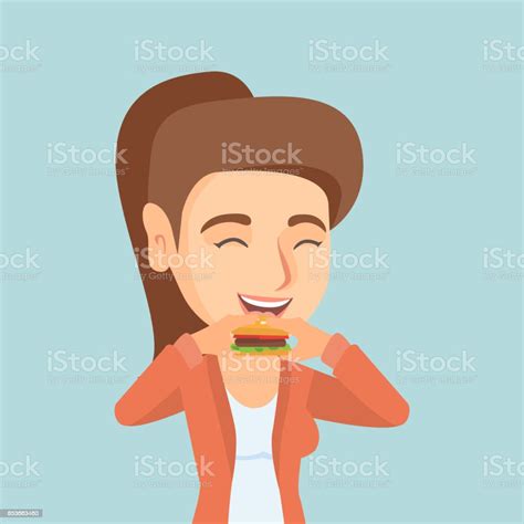 Young Caucasian Joyful Woman Eating Hamburger Stock Illustration