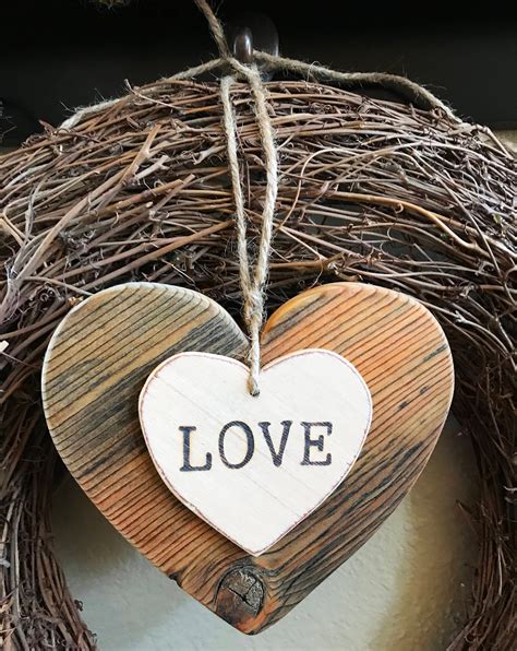 Small Wood Heart Ornament Imprinted With Love Rustic Double Etsy In