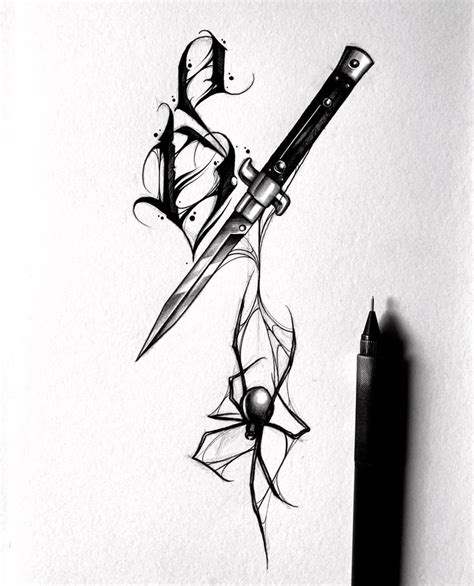 A Pencil Drawing Of A Knife And Flower