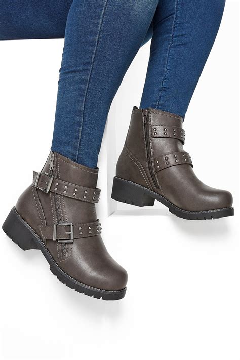 Grey Stud Strap Buckle Ankle Boots In Extra Wide Fit Long Tall Sally