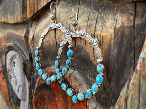 Large Hoops Turquoise Earrings By Navajo Annie Hoskie Native American