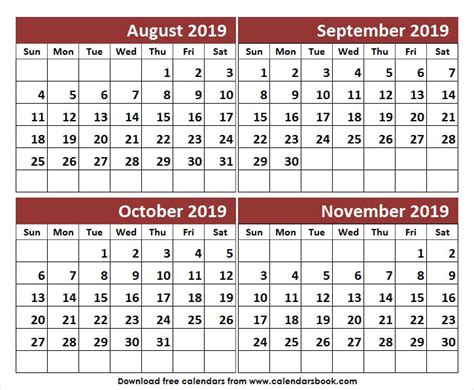 August September October And November 2019 Calendar United State June