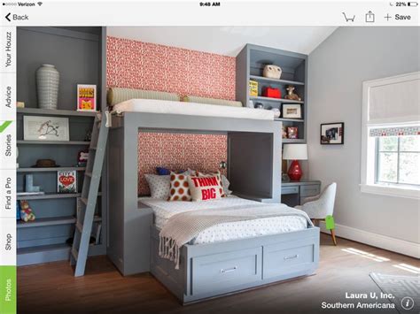 A full dresser set and shelving is built into the right side, while a staircase with drawers is built into the left. Stick out/perpendicular bunks | Cool bunk beds, Bunk bed designs, Modern bunk beds