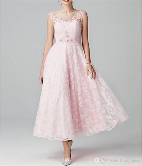 Blushing Pink Tea Length Lace Prom Dress Applique And Beading See