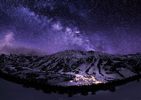 Hd Wallpaper Snow Galaxy Town Landscape Nature Stars Mountains