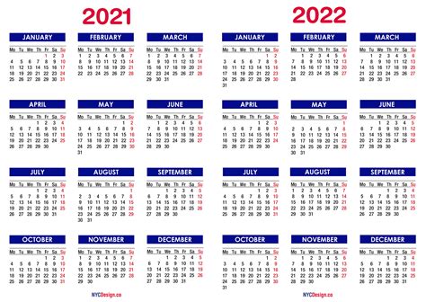 2021 2022 Two Year Calendar Printable Free Blue