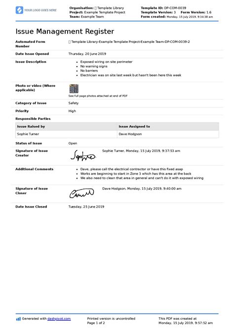 Project Issue Log Template In Word And Pdf Formats Management Free To