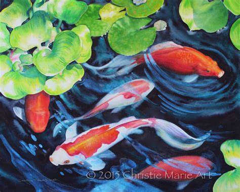 Original Watercolor Painting Koi Fish Pond Art Garden Art