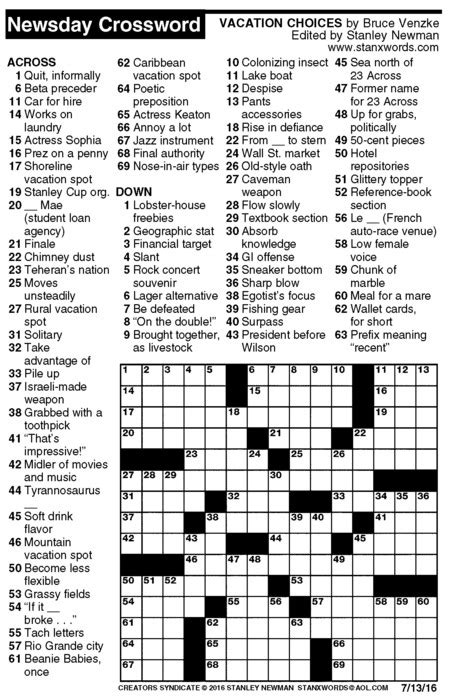 Newsday crossword puzzle for jul 13, 2016, by stanley newman
