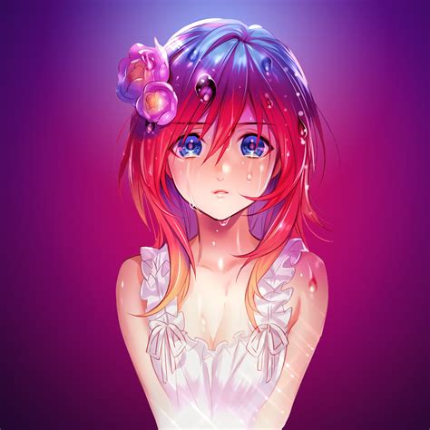 2048x2048 Anime Girl Water Drops Red Head Blue Eyes Ipad