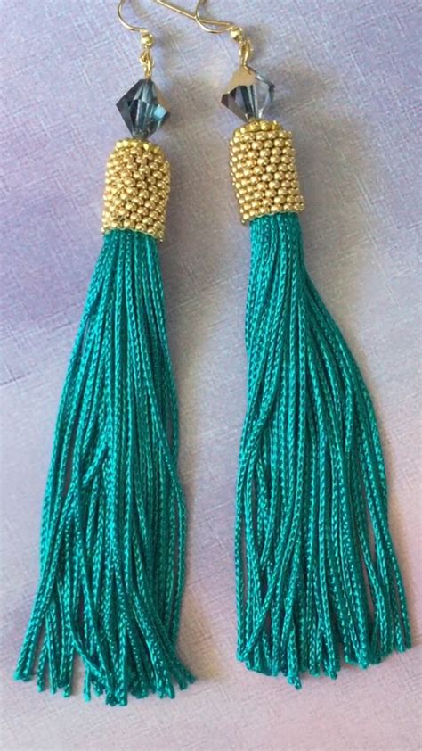 Long Seed Bead Tassel Earrings Beaded Bright Teal And Gold Etsy