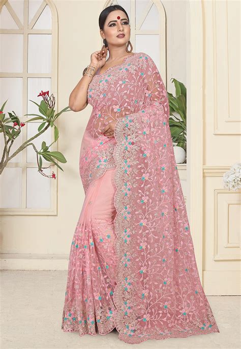 Baby Pink Colour Net Saree Attractive Saree Bollywood Style Designer Saree With Blouse Wedding